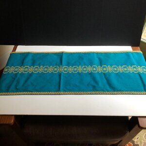 Vintage Handmade Turqoise and Gold Linen Embroidered Table Runner